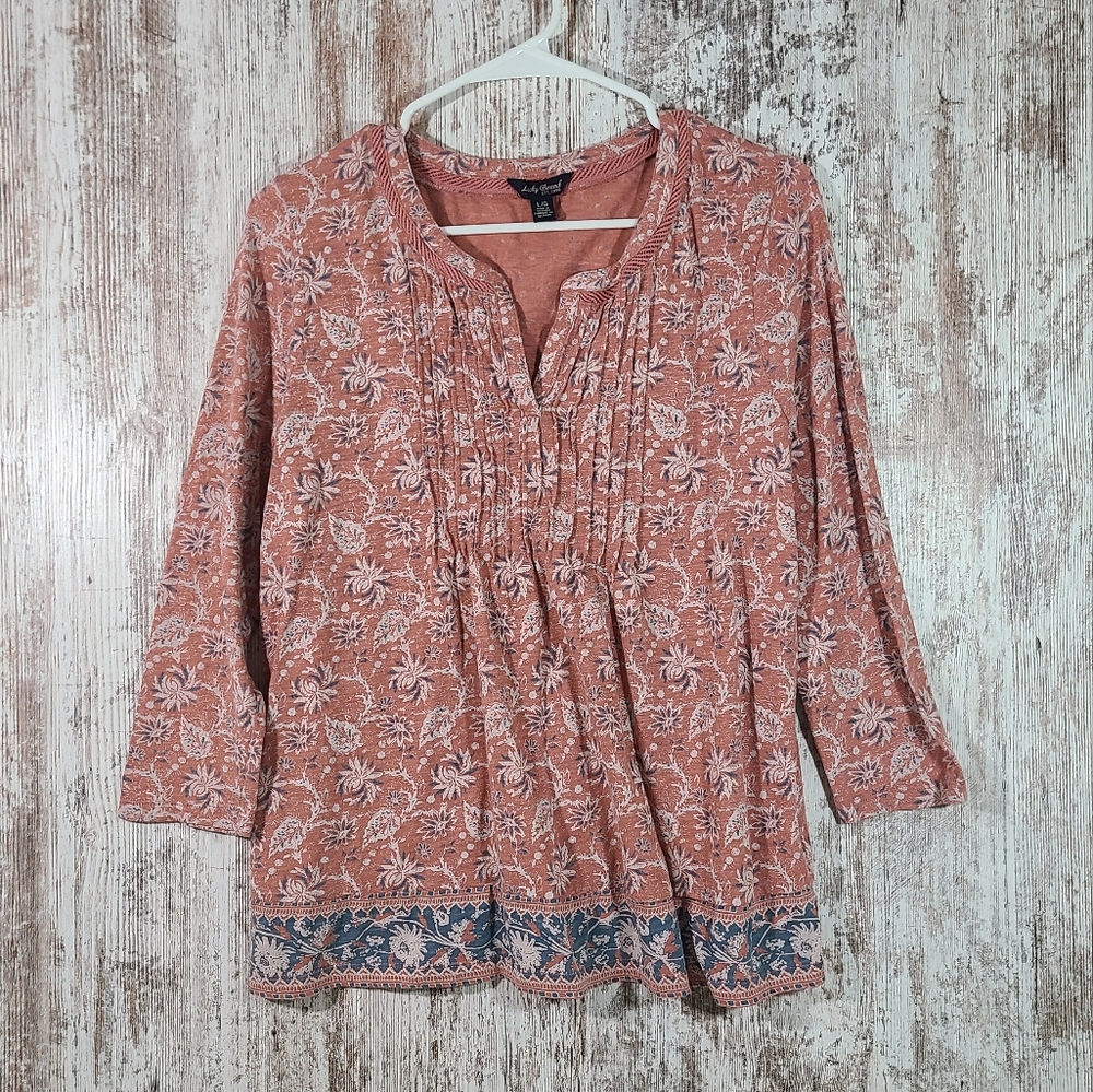 Women's Lucky Brand bohemian smock shirt floral print size Large Pink peach